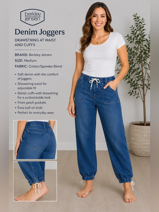 Berkley Jensen Denim - Berkley Jensen Denim Joggers Size Medium Drawstring Waist Cotton Blend Jeans